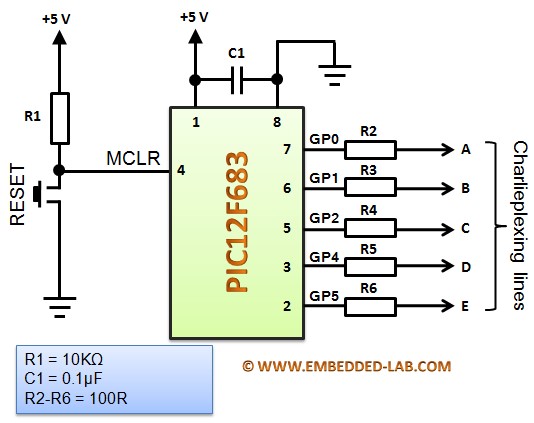 Microcontroller circuit with five Charlieplexing lines