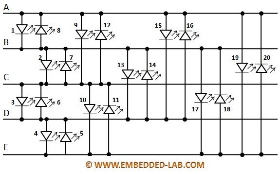 Microcontroller circuit with five Charlieplexing lines