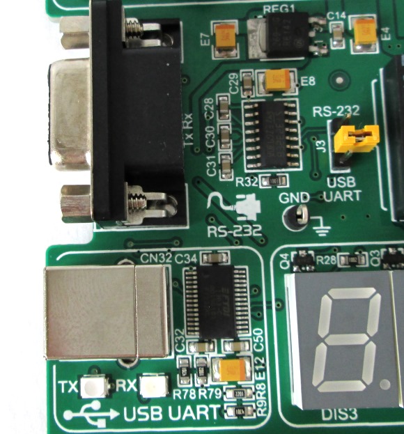 EasyPIC v7 supports RS232 and FTDI USB-UART serial communication