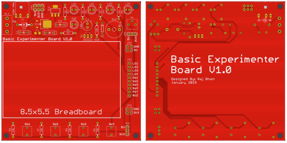 Basic experimenters board top (left) and bottom (right) side PCB views 