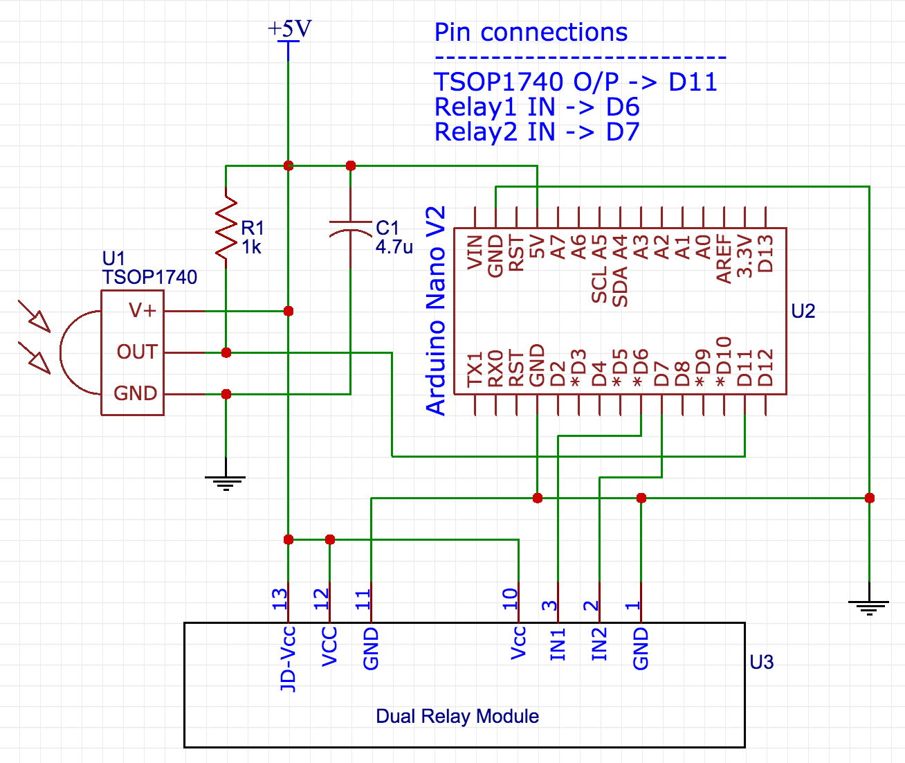 TSOP1740, dual relay module, and Arduino wiring