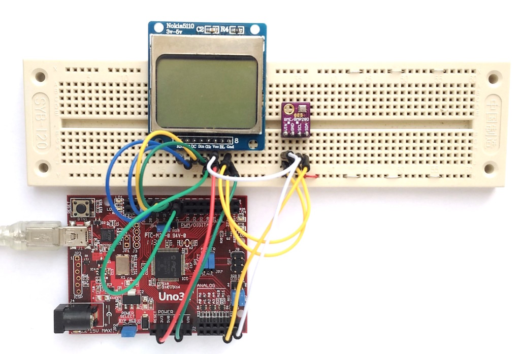 The actual setup of the project. The Nokia5110 LCD and BME280 sensor modules are laid out on a breadboard.